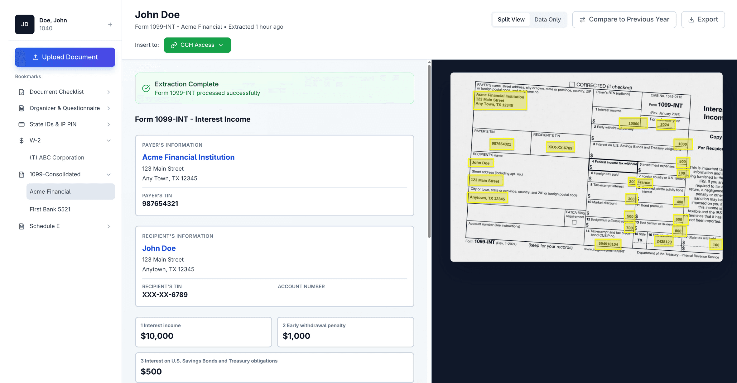 Breeze Tax app showing 1099-INT data extraction with split view and document sidebar